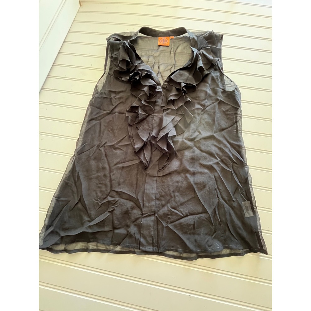 Tory Burch Black 100% Silk Ruffle V-Neck Sleeveless Sheer Blouse Size 12